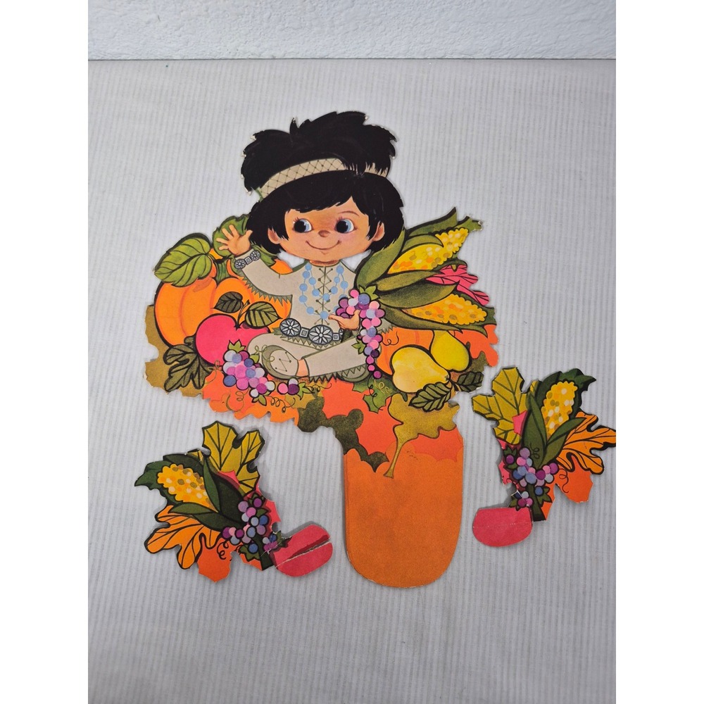 Vintage Thanksgiving Die Cut Decorations Indigenous Child Harvest 3 Piece Set